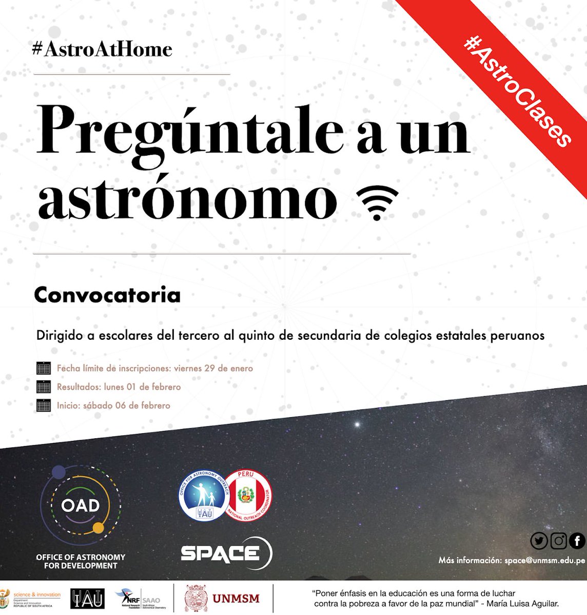 Astro4Dev's tweet photo. "Ask An Astronomer" abre una convocatoria nacional para que estudiantes de instituciones educativas estatales ofrezcan clases virtuales gratuitas para acercarlos al mundo de la astronomía y las ciencias espaciales.
@spaceUNMSM #astronomy #Astroclases
https://t.co/0YTn0r9odF https://t.co/FWNcJdDqLO