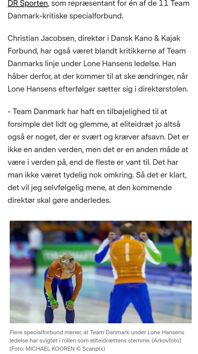 Stærkt @DRSporten lige at sætte en hollandsk speed skater ind i artiklen om Lone Hansens afgang fra Team Danmark... But why🤔
Sender gerne et par stykker af de danske udøvere😉