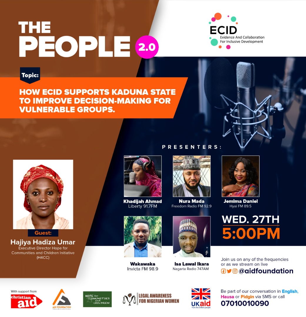 aidfoundation's tweet photo. The People 2.0 has @hadizaumar20021 as our guest to talk about How #ECID supports @contactkdsg to improve decision-making for vulnerable groups.
You too can b a part of it 2day as we stream live @aidfoundation, SMS or call 07010010090
#AIDFoundation
#InternationalDayofEducation https://t.co/qn3NmHS3CP