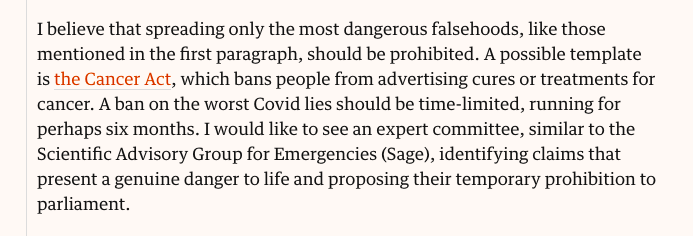 Thought-provoking piece today from  @GeorgeMonbiot on how our right to free speech & our right to life collide when influential pundits spread Covid lies. We regulate speech around other health claims. Would temporary bans on Covid lies save lives?  https://www.theguardian.com/commentisfree/2021/jan/27/covid-lies-cost-lives-right-clamp-down-misinformation
