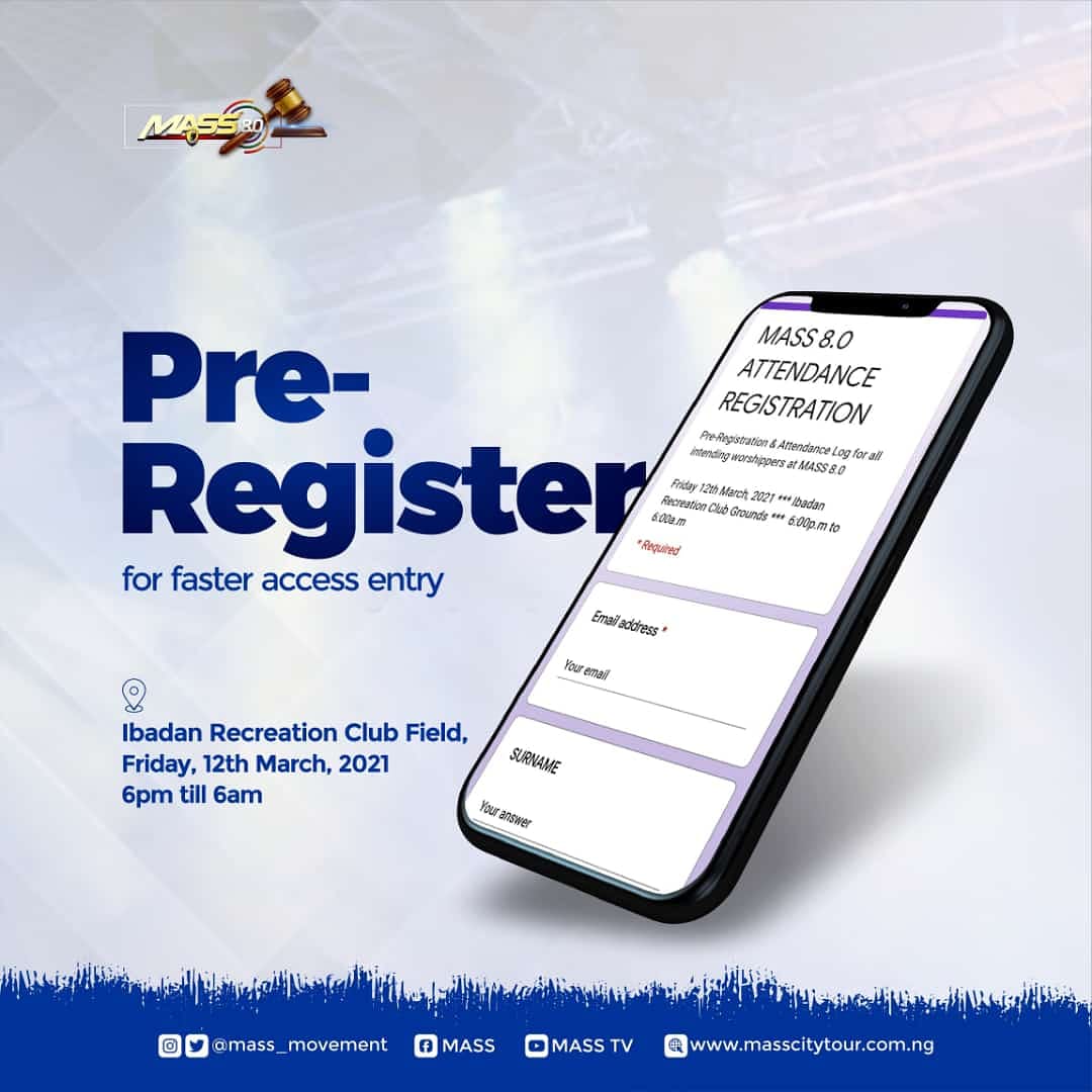 peraarike's tweet photo. Young Jesus lovers from all over Nigeria, it's time to converge in the city of Ibadan once again to raise a sound.
Our venue will only accomodates about 10,000 seats at 1.5meter social distancing.
PRE-REGISTER NOW FOR FASTER ACCESS ENTRY:
https://t.co/mgEGLYQnY0
#MASS8 https://t.co/QoxJxFyYsM