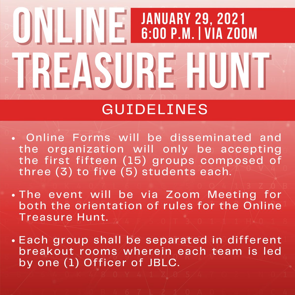 JBLC_SBU's tweet photo. The Junior Bedan Law Circle, in its participation for the Pista ng Sto. Niño 2021 themed: Sto Niño: Ang Ating Patnubay sa Lahat ng Pagsubok at Biyaya sa Buhay, shall have an Online Treasure Hunt this coming January 29 (Friday) from 6:00pm-9:00pm. https://t.co/SYhecRSVh6