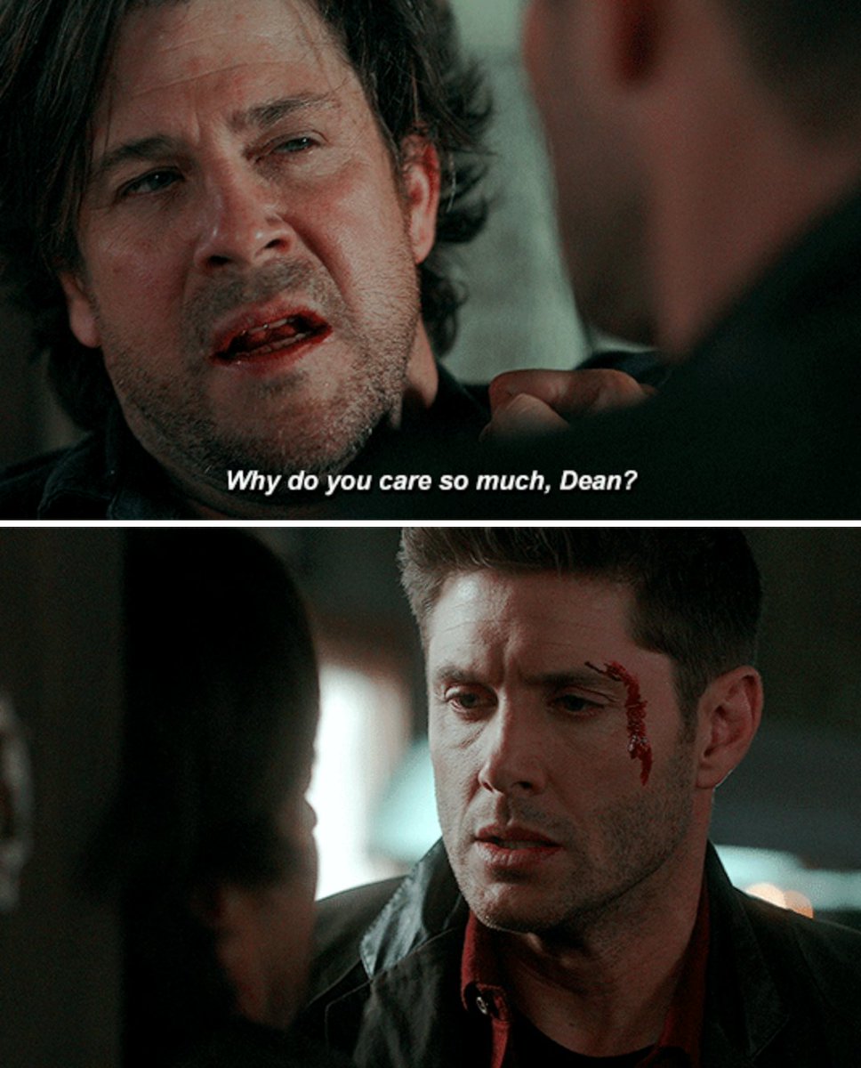"No one cares, Dean.""Well, I do."It's a reminder to himself as much as it is to Lee. It's a re-centering of purpose that he sorely needs.& what's also key?Lee is human, but is now a "monster" in Dean's words. Because Lee lost his ability to care, Dean can't abide by that.