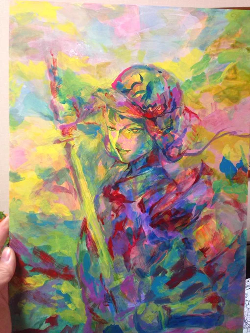 #皆さんラフと完成絵を見せてください 

絵具での工程。 最初はかなりラフに色乗せてだんだん形作っていくガッシュ塗り。ちなみに絵具は3枚目までで、そのあとスキャニングして仕上げやは細かい作業はパソで。 