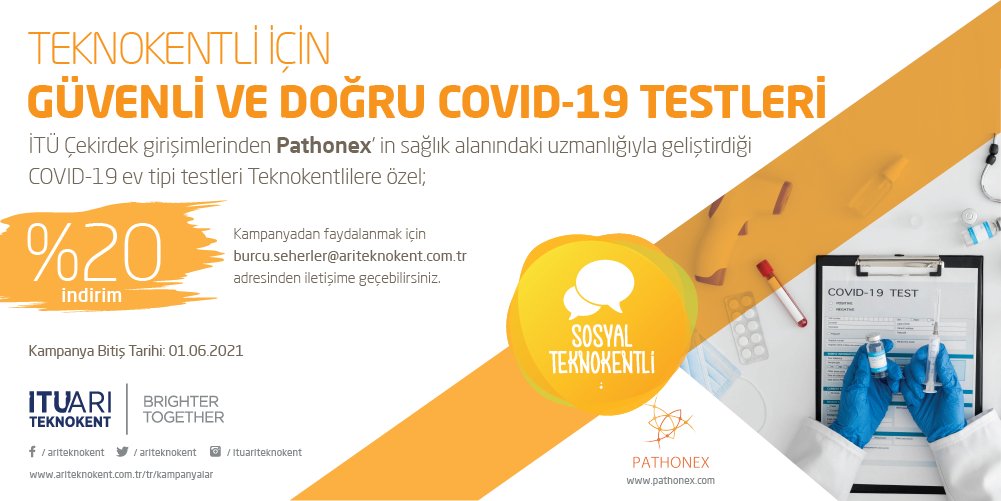 ariteknokent's tweet photo. İTÜ Çekirdek giri��imlerimizden @pathonex, sağlık alanındaki uzmanlığıyla geliştirdiği COVID-19 ev tipi testleri Teknokentlilere özel %20 indirimli! Detaylı bilgi için: https://t.co/NufSBuh6xp https://t.co/N2RQRIhSq7