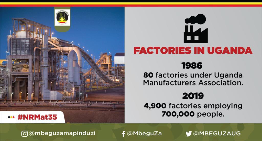 OfficialPlayer7's tweet photo. #NRMat35 Infrastructural Development. 4,900 factories employing 700,000 people @NRMOnline #ABetterUganda https://t.co/EI5Bfjyf0D