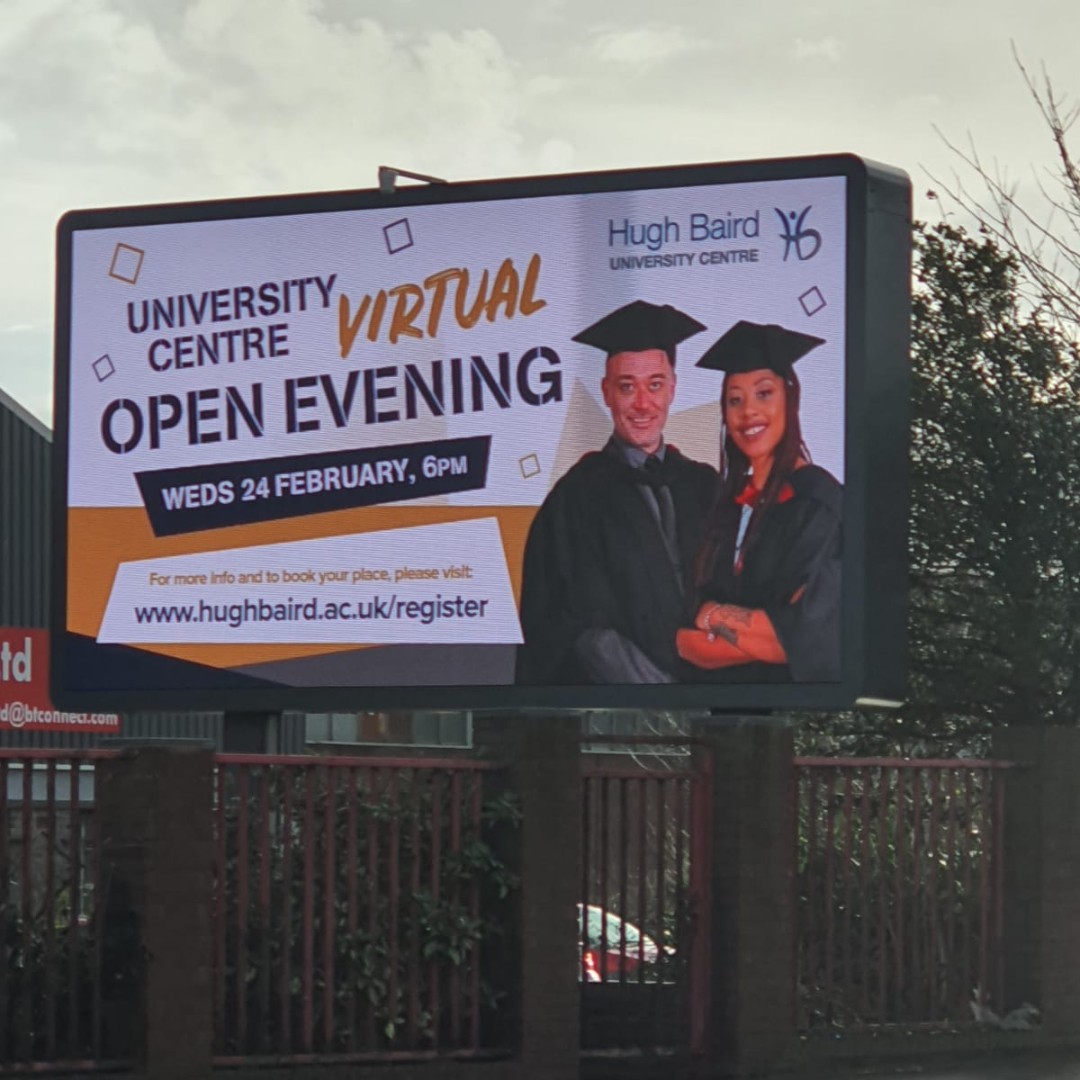 We're pleased to share the #OutdoorAdvert from <a href="/hughbaird/">Hugh Baird College</a> as they are holding their #VirtualOpenEvening on Wed 24th Feb at 6pm.

Register here: hughbaird.ac.uk

Contact us to create your Digital Advert today. 
📞  03300 040 400

#EngageOutdoorMedia #Liverpool #Advertising