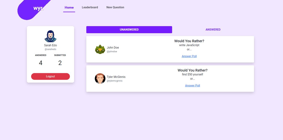 am_jedidiah's tweet photo. What do you think about this web version of the Would-You-Rather game?
@udacity Udacity @tylermcginnis 
https://t.co/f8469SMGvZ

#Reactjs #Redux #lernajs #fullstackdeveloper
#reactnanodegree https://t.co/UTP0F85qHd