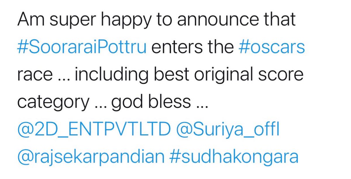 Congrats <a href="/gvprakash/">G.V.Prakash Kumar</a> for the Oscar entry of <a href="/Suriya_offl/">Suriya Sivakumar</a> sir's Soorarai Pottru's Original Music Score !! Very glad to have played guitars for the movie's Background score !! Truly a moment to be cherished !!