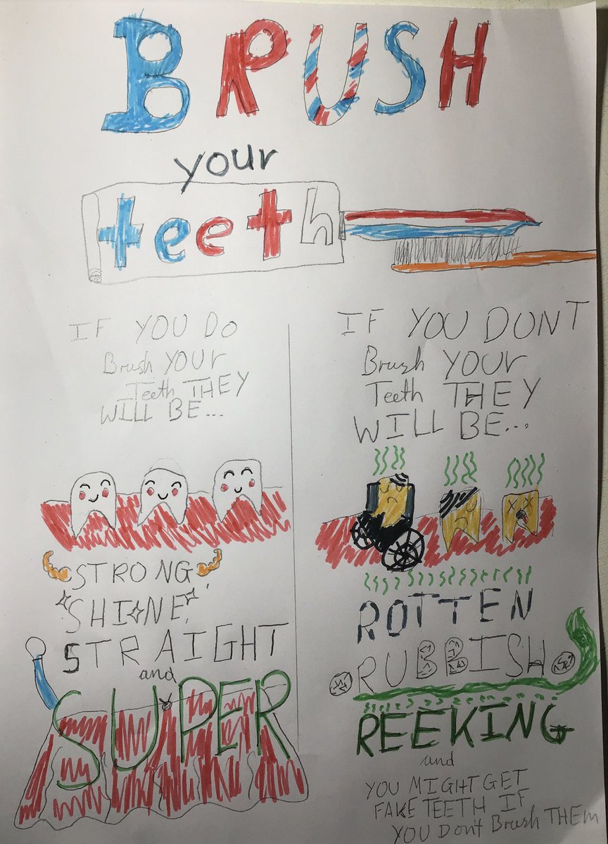 EarlsfieldSch's tweet photo. Year 4 have been learning about #TeethAndDigestion - they have created posters about the importance of brushing our teeth #Science #HomeLearning #WeLoveScience @NHSDentists https://t.co/pRE5Cc46MU