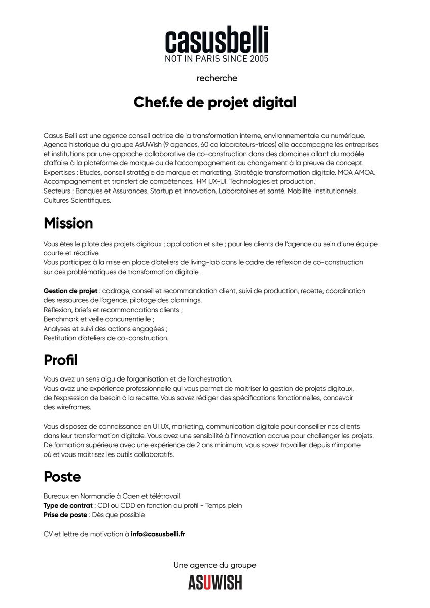 [Job] L’agence recherche un.e chef.fe de projet pour accompagner nos clients dans un monde en mutation. Si vous avez le sens de l’orchestration et une solide culture numérique, n'hésitez pas à nous contacter. #Digital #Emploi #Marketing #numerique