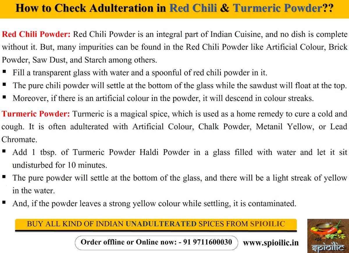 spioilic's tweet photo. How to Check Adulteration in Red Chili &amp; Turmeric Powder??

BUY ALL KIND OF INDIAN UNADULTERATED SPICES FROM SPIOILIC 👇
Order Online at https://t.co/R2lwp19XWC or call us: +91 9711600030
.
#spioilic
#spices #food #foodie #foodporn #indianfood #instafood #cooking #foodphotography https://t.co/rfMyT0rHay