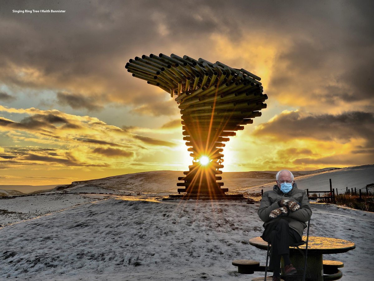Another little #BernieSanders meme. Today he's looking right at home at the #SingingRingingTree in #BrilliantBurnley. His mittens are perfect for the weather. #meme #havingsomefun #berniememe 
Photo acknowledgement ~ Keith Bannister. <a href="/BBCNWT/">BBC North West</a> <a href="/bbcweather/">BBC Weather</a>