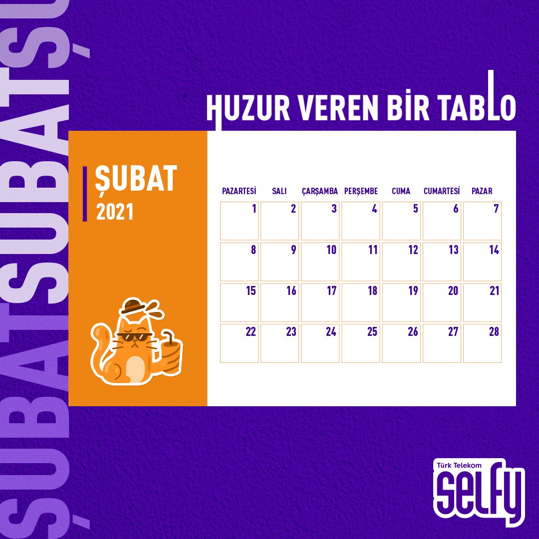 Düzen seven Selfy'lilere Şubat müjdesi! 🥳 Pazartesi ayın 1’ile başlayıp Pazar günü 28’i ile biten, ayın 7’si ve katlarının her zaman Pazar olduğu, hiçbir haftanın bölünmediği, tam 4 haftada biten ve takvime cuk diye oturan Şubat ayı 💜 Huzur veren bir tablo 🗓 https://t.co/iJFFdh2ppa
