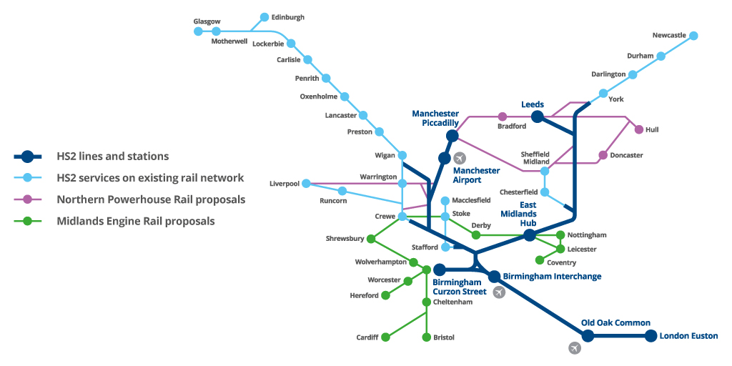 HS2 will serve 25 stations in places such as Birmingham, Leeds, Crewe, Manchester, Glasgow, Liverpool, Preston and Wigan, Newcastle and Carlisle. Manchester will be just over an hour from London. Find out more:  https://www.hs2.org.uk/where/the-stations/4/10