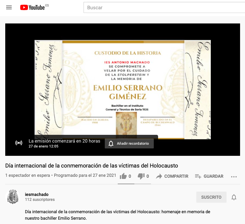 iesmachado's tweet photo. Retransmitimos en directo acto homenaje sorianos deportados campos concentración nazi. Día víctimas del holocausto #CustodiosDeLaHistoria Desde Salón Rojo, 12:05 https://t.co/IXqFW7wfX3 @educacyl https://t.co/z5StpsqpRb