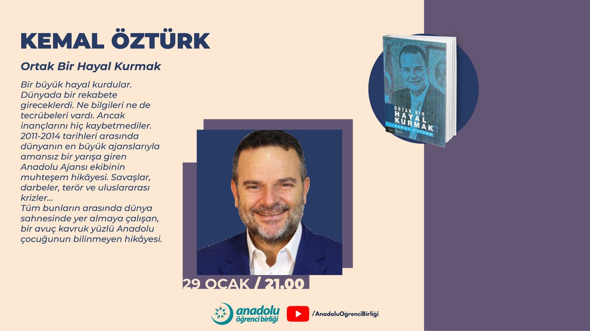 CANLI YAYIN❗

📌 4 Kitap 4 Yazar Projemizin son buluşmasında Gazeteci - Yazar Kemal Öztürk ile Ortak Bir Hayal Kurmak kitabını konuşacağız.

📅 29 Ocak Cuma

🕰️ 21.00'de YouTube kanalımızda! 👇

🔗 youtube.com/channel/UCwT8W…