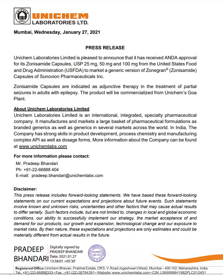 ANDA approval for its Zonisamide Capsules, USP 25 mg, 50 mg and 100 mg from the United States Food
and Drug Administration (USFDA) to market a generic version of Zonegran® 
#UnichemLabs #USFDA #approval #PressRelease #ExchangeFilings #Pharma #Drug #Healthcare #markets