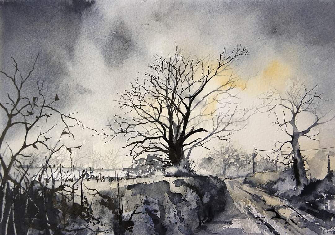 Elidanza's tweet photo. Paynes grey is so good at describing a winter scene. Today as we take in the news .I have found comfort in nature so added yellow ochre, hope for a brighter future together 
Take care everyone x
#watercolour #devon #winter #BigArtBoost #landscape #trees #devonlane #painting #art https://t.co/SR0iSwGXBO