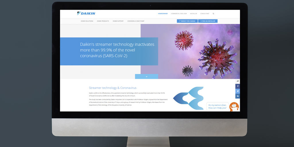Daikinuk's tweet photo. 𝙉𝙀𝙒𝙎 𝘼𝙇𝙀𝙍𝙏: Our Streamer Technology can inactivate 99.9% of the Novel Coronavirus

Read more: https://t.co/ASBEScuCKJ

#indoorairquality #airpurification #airpurifiers #streamertechnology #viruses #daikin #airquality https://t.co/RqqhG7Ga5W