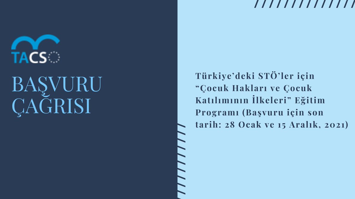📢Avrupa Birliği TACSO 3 Programı Şubat ve Mart 2021 içerisinde Türkiye’deki STÖ’leri çalışmalarında çocuk haklarını benimsemeleri konusunda desteklemek üzere “Çocuk Hakları ve Çocuk Katılımın İlkeleri” eğitimi düzenliyor. tacso.eu/basvuru-cagris…