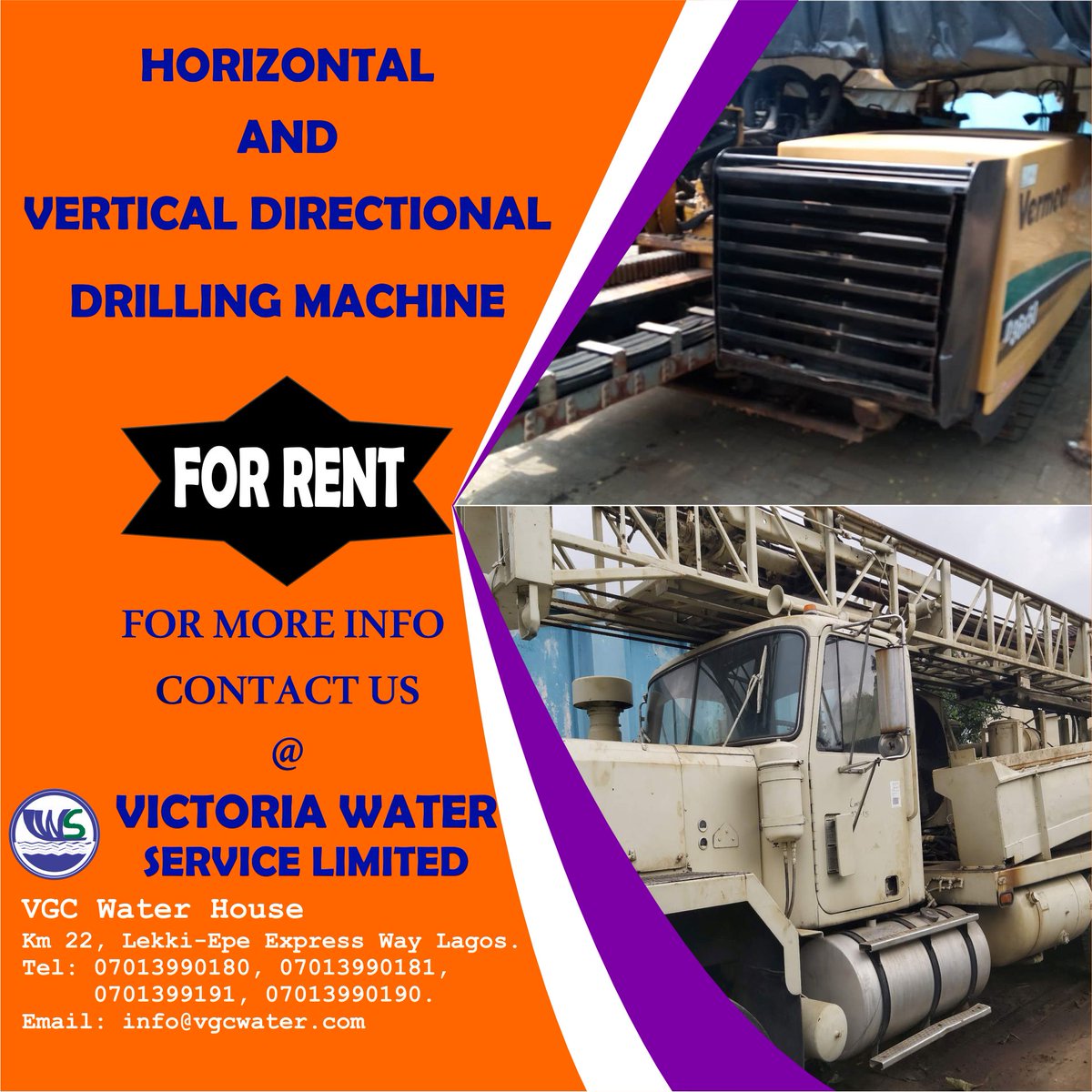 Drilling machines for rent.....(both horizontal Directional Rig and Vertical drilling rig).
Contact us @VGCWaterHouse 
For more info Call : 07013990180, 07013990181