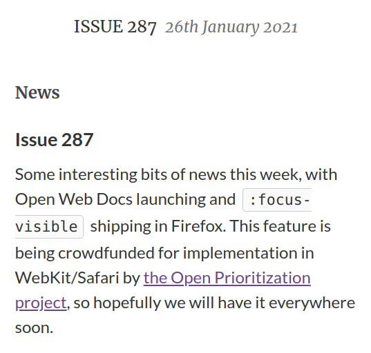 Two highlights related to @igalia on the last issue of CSS Layout News by @rachelandrew (csslayout.news/issues/287):
* @OpenWebDocs launch in which we're involved opencollective.com/open-web-docs
* Open Prioritization campaign to implement :focus-visible in @WebKit: opencollective.com/open-prioritiz…