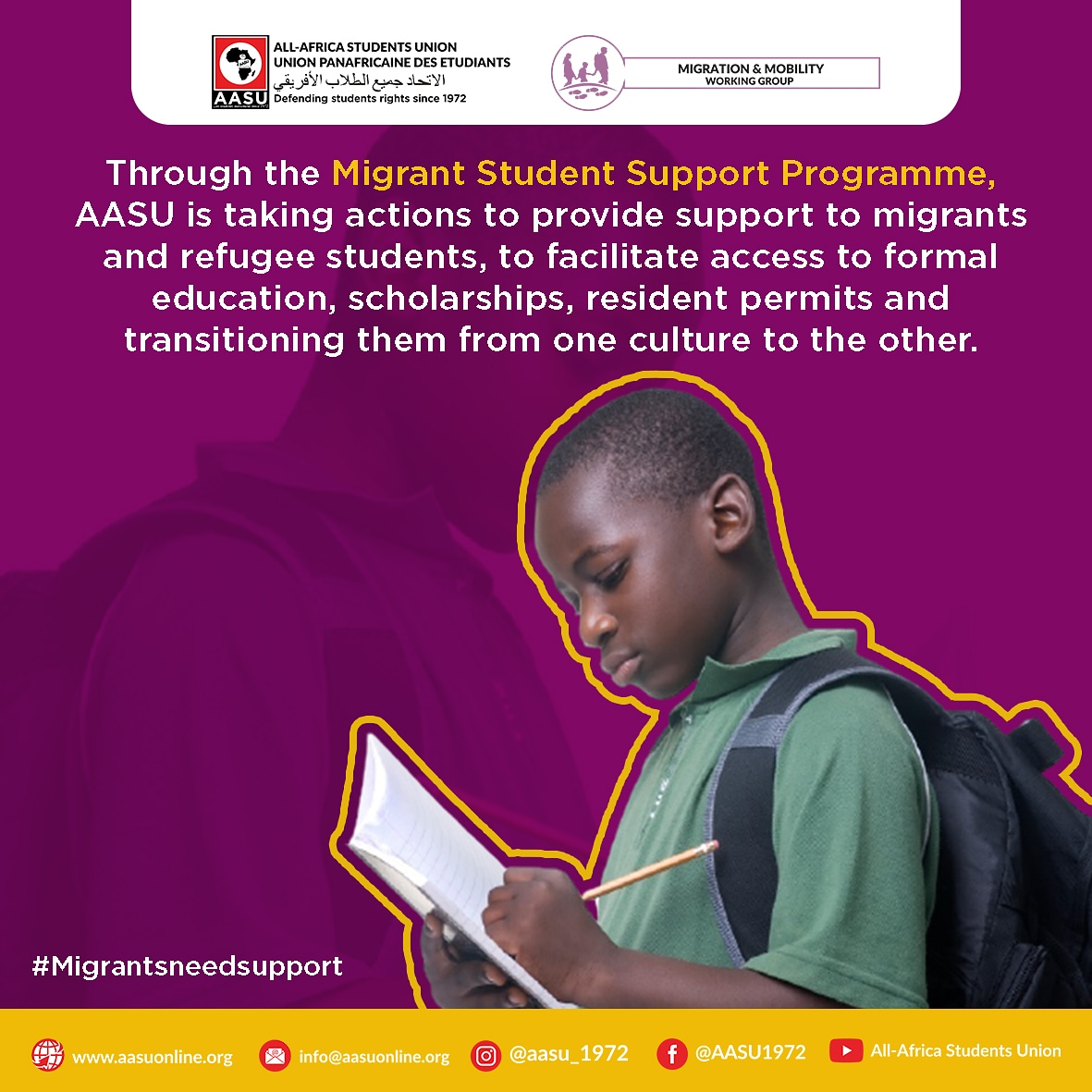 aasu_72's tweet photo. Through the #MigrantStudentSupportProgramme, AASU is taking actions to provide support to migrants and refugee students,ย to facilitate access to formal education, scholarships, resident permits and transitioning them from one culture to the other.
#migrationandmobility https://t.co/aKBF2fzKHK