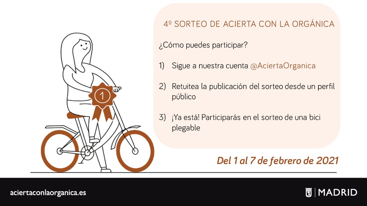 📣 ¡Atención, atención! Tenemos nueva edición del sorteo de #aciertaconlaorgánica. Permanece atento a nuestras publicaciones y podrás ganar una bicicleta plegable para moverte por #Madrid. Consulta las bases aquí: bit.ly/36iyLcZ 
#OrgánicaMadrid #residuos #tapamarrón