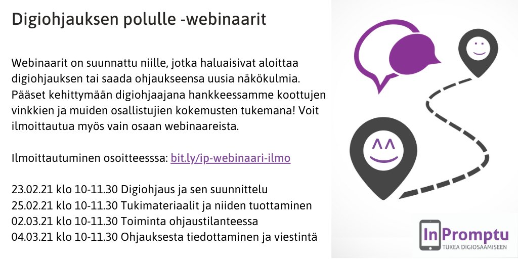 Kaipaatko vinkkejä ja tukea digiohjaukseen? Helmikuussa alkaa neljäosainen Digiohjauksen polulle -webinaarisarjamme. Lisätiedot ja ilmoittautuminen täällä: bit.ly/ip-webinaari-i…
#digiosaaminen #digiohjaus #digituki #perustaidot #ESRtaito <a href="/tiekery/">TIEKE</a> <a href="/hetyfi/">Helsingin Työkanava HeTy Ry</a> @TaikojaHanke
