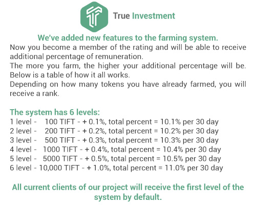 FinanceTift's tweet photo. We've added new features to the farming system.
Now you become a member of the rating and will be able to receive additional percentage of remuneration.
The more you farm, the higher your additional percentage will be. Below is a table of how it all works. #trx #tift #farming https://t.co/K5VOdPhvcw