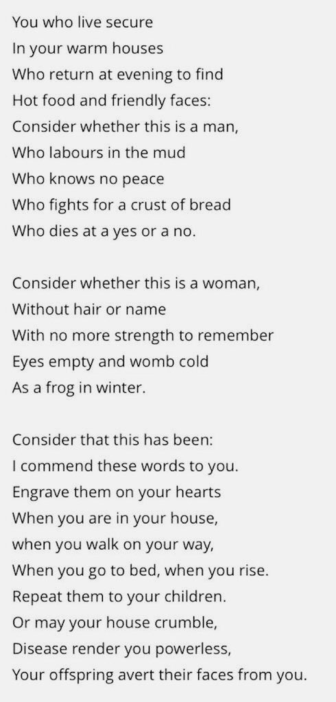Geografi Glat tortur Jonny Geller on Twitter: "Primo Levi, the greatest chronicler of the  Holocaust, wrote this haunting poem - Shema- to warn us of the power of  forgetting. #HolocaustMemorialDay https://t.co/PEvGixolqJ" / X