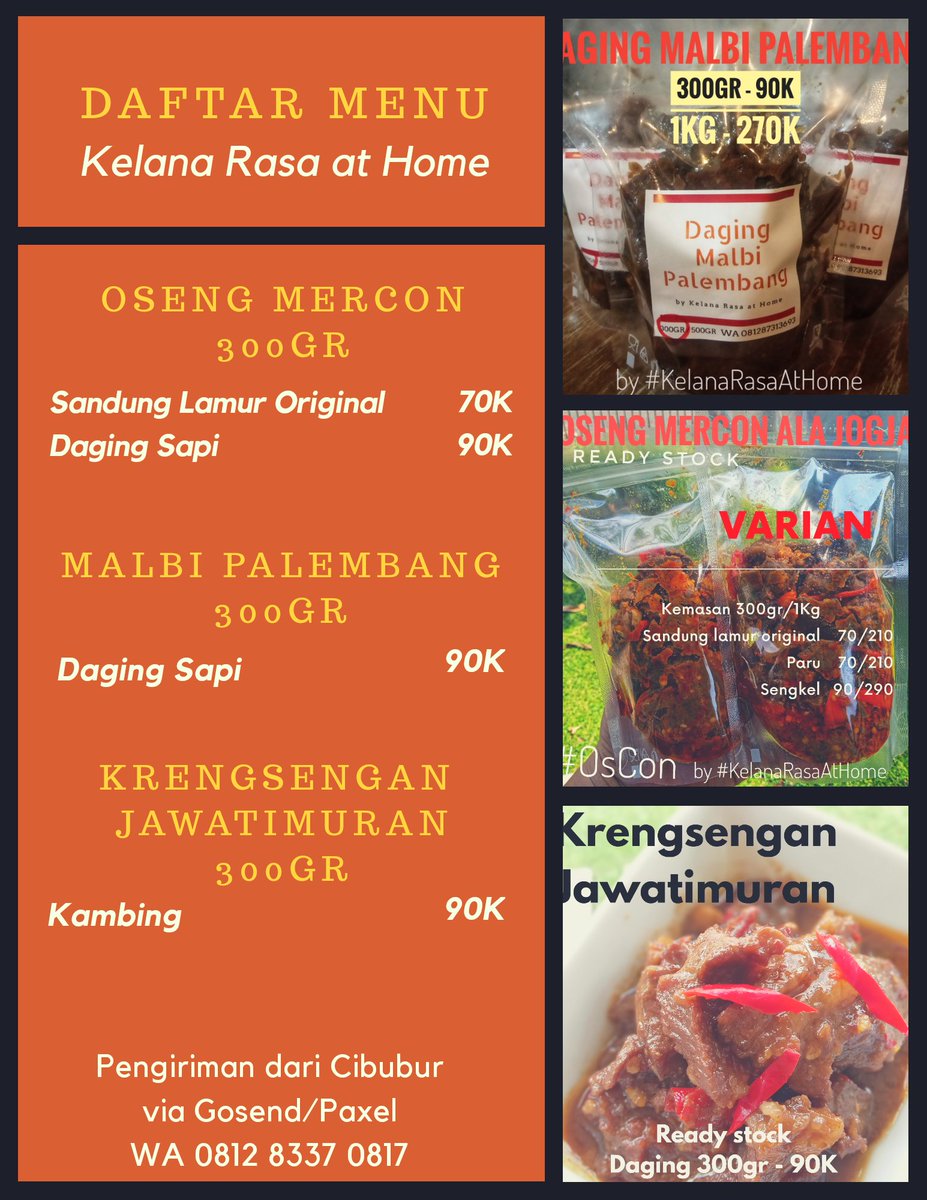arieparikesit's tweet photo. Available today and tomorrow:
#MieBalapSeafoodMedan #MieMercon
#OsengMercon (daging/sandung lamur)
#Krengsengan kambing
#Malbi Palembang
Bebek ungkep Kartasura.
Pemesanan : https://t.co/9KZkSMdufd https://t.co/qPf6XnRRDH