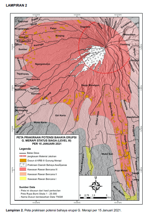 Peta prakiraan potensi bahaya erupsi  #merapi per 15 Januari 2021, sampai saat ini belum ada perubahan ya lurs. pantau  @BPPTKG untuk info terkini.  | @cholikk