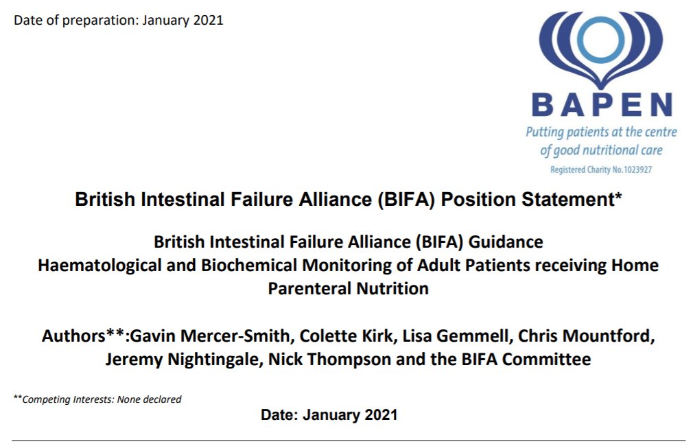 BIFA have written a new position statement on Haematological and Biochemical Monitoring of Adult Patients receiving Home Parenteral Nutrition: bit.ly/2M8oFEH HPN requires close monitoring by a dedicated multidisciplinary team and is vital to minimise complications.