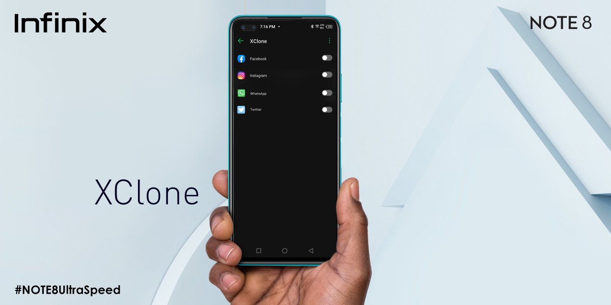 InfinixKenya's tweet photo. You got multiple Facebook, Instagram, WhatsApp or Snapchat profiles that’s fine! You can run multiple apps simultaneously with Xclone😎
#NOTE8UltraSpeed https://t.co/sd45FUmGrq