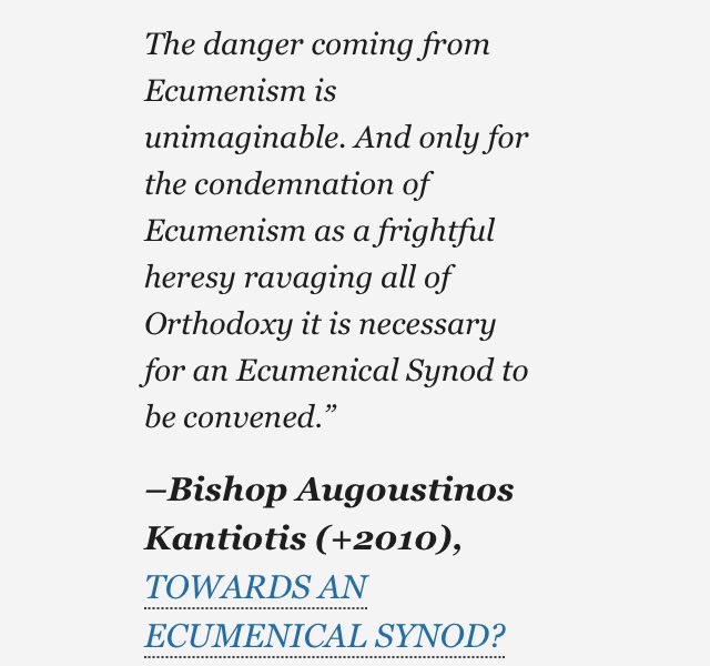 Dialogue is no longer justified“The question of the Church has become a real one in our days also, but now it has a broader scope. Ecumenism Awareness: http://orthodoxwitness.org/ecumenism/ 