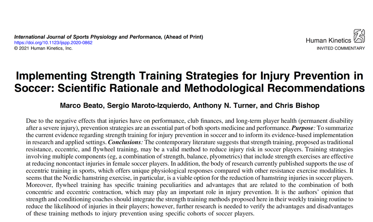 I have the pleasure to share with you another recent publication in <a href="/IJSPPjournal/">Int'l Journal of Sports Physiology and Performance</a>! Implementing #Strength #Training Strategies for #Injury Prevention in #Soccer! 
 Congrats to the coauthors <a href="/SergioMaroto12/">Sergio Maroto</a> <a href="/anthonyturneruk/">Prof Anthony Turner</a> <a href="/DrChrisBishop/">Chris Bishop</a> 
Link:journals.humankinetics.com/view/journals/…