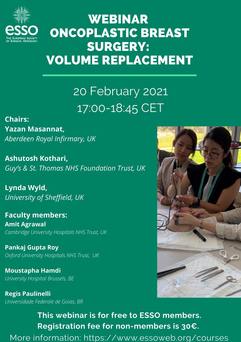 European Society of Surgical Oncology (ESSO) (@essonews) on Twitter photo 🚨Webinar🚨on #OncoplasticBreastSurgery -Volume Replacement
🎓<a href="/YMasannat/">Yazan MASANNAT 🇯🇴🇬🇧</a> Ashutosh Kothari & Lynda Wyld
🗣️<a href="/iBreastSurgeon/">Amit Agrawal</a> Pankaj Gupta Roy, <a href="/MoustaphaHamdi/">Moustapha Hamdi</a> & <a href="/rrpaulinelli/">Regis Paulinelli</a>
essoweb.org/courses/ 🚨Webinar🚨on #OncoplasticBreastSurgery -Volume Replacement
🎓<a href="/YMasannat/">Yazan MASANNAT 🇯🇴🇬🇧</a> Ashutosh Kothari & Lynda Wyld
🗣️<a href="/iBreastSurgeon/">Amit Agrawal</a> Pankaj Gupta Roy, <a href="/MoustaphaHamdi/">Moustapha Hamdi</a> & <a href="/rrpaulinelli/">Regis Paulinelli</a>
essoweb.org/courses/