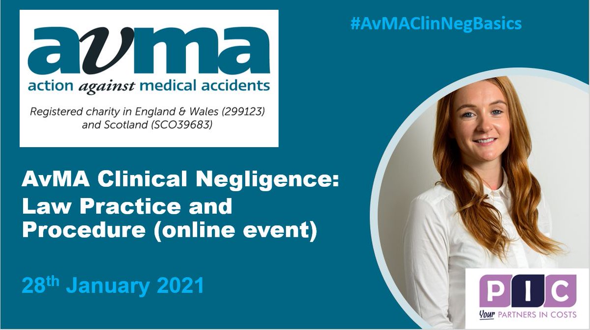 PIC_Legal's tweet photo. New to clinical negligence and looking to develop your career? If so the @AvMAuk Clinical Negligence Law Practice and Procedure event is for you.
Our Michelle Walton will provide an introduction to Cost Budgeting.
https://t.co/l7yZUOEF4r
#AvMAClinNegBasics #onlineevent https://t.co/DtAmLqCMIr