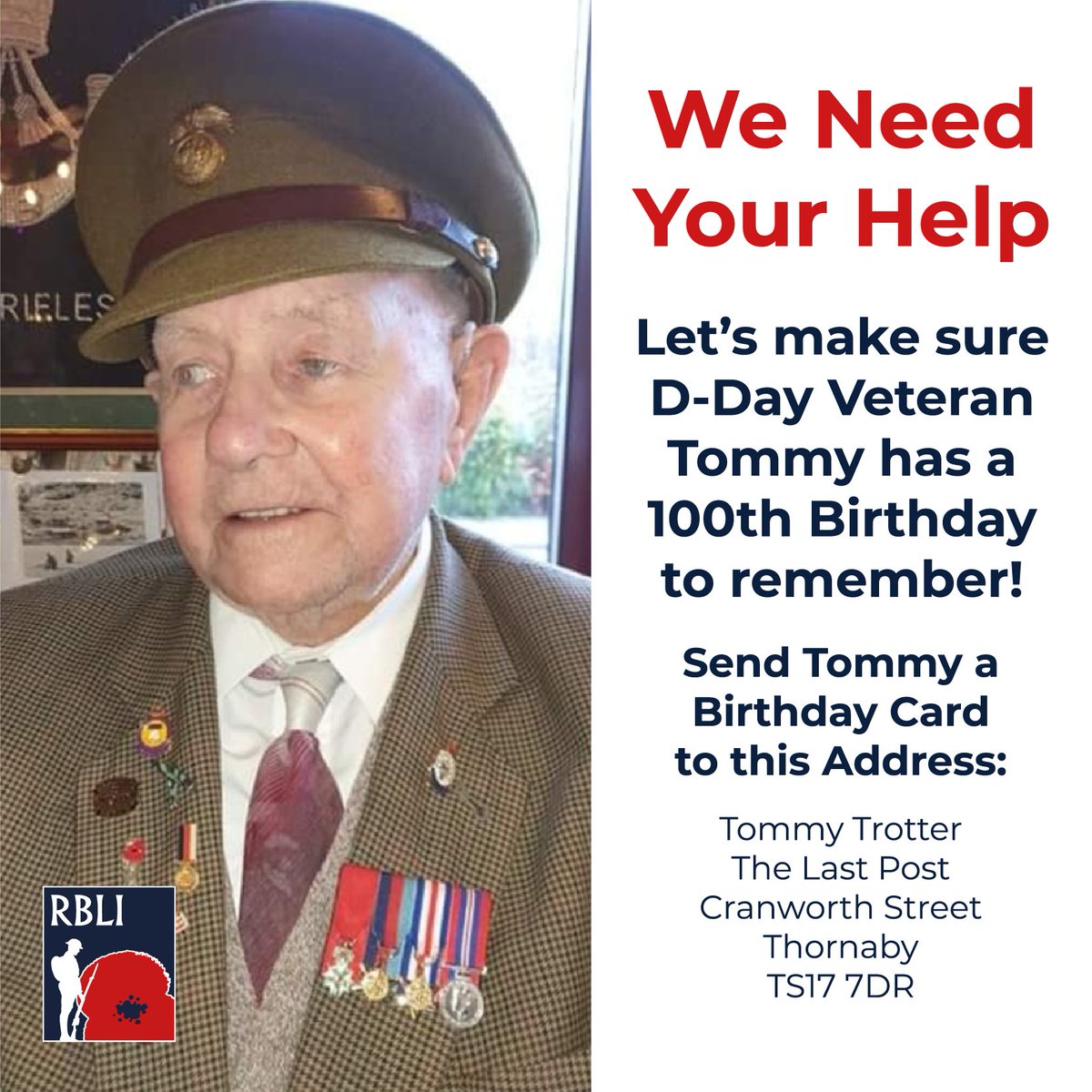 RBVECharity's tweet photo. Please RT to get Former Royal Fusilier Tommy Trotter as many birthday cards as possible. He has been in isolation since March and is now faced with celebrating his 100th birthday alone.
Send your cards by 10th Feb #military #DDayvet #covid #isolationbirthdays https://t.co/KZVwxmee9I