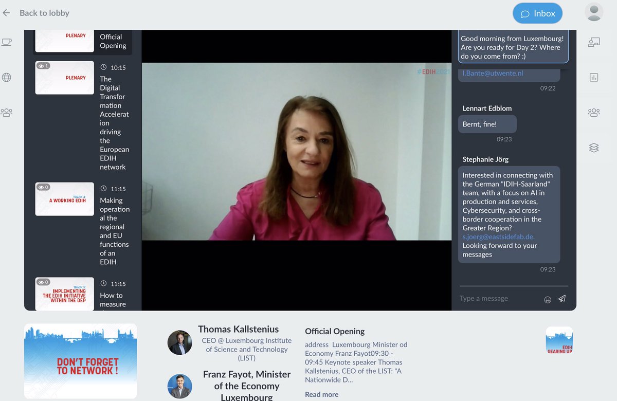 DGDigitalEx's tweet photo. We are starting the second day of the 1st annual #EDIH conference, watching the official opening with @FranzFayot @LucillaSioli and @kallstenius, including also the #DIH prizes to #BasqueDigitalInnovationHub @tecnalia and AM-LAB from Hungary @AEXTIC_es @cenits @FundecytPCTEX https://t.co/h0r3D1mMdY