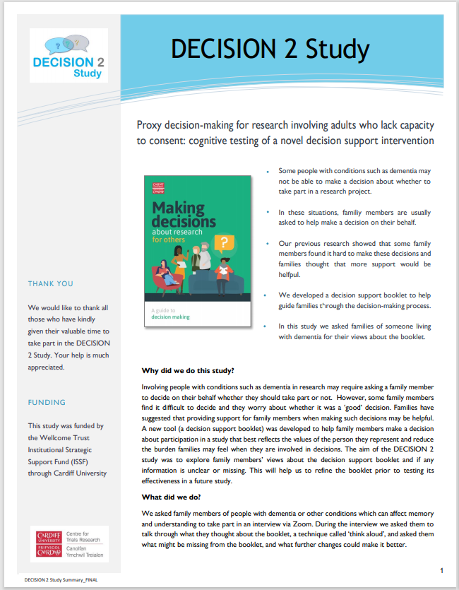 DECISION_Study's tweet photo. A summary of @DECISION_Study results have been added to @CTRCardiffUni website https://t.co/h5y4CS2pqJ &amp; shared with all those who kindly took part. Next stage is to refine &amp; test the decision support tool as part of CONSULT project funded by @ResearchWales  More details to come! https://t.co/1tFE7KRhka