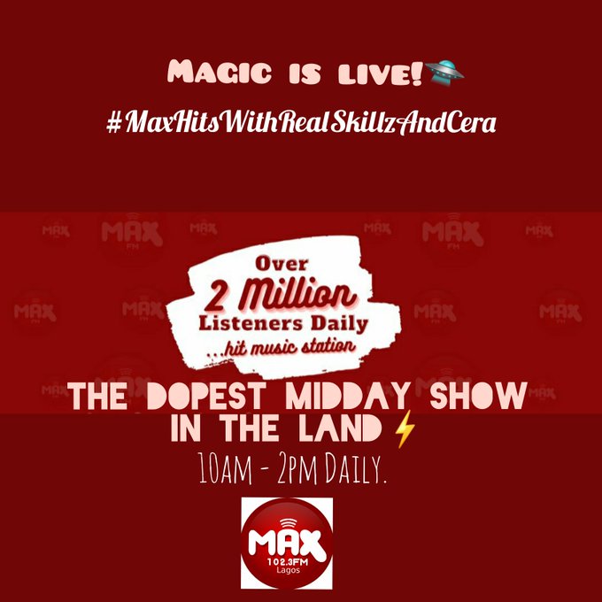 Max1023FM's tweet photo. #TheDopestMiddayShow is #NowLive | #MaxHits with
@iam_RealSkillz & @CeratheCera 🕺💃🕺💃
Now on #MaxTag📌COMPLETE THE SENTENCE BELOW!
#iAmHappyWhen ______________ https://t.co/9pYo2k8Tdz