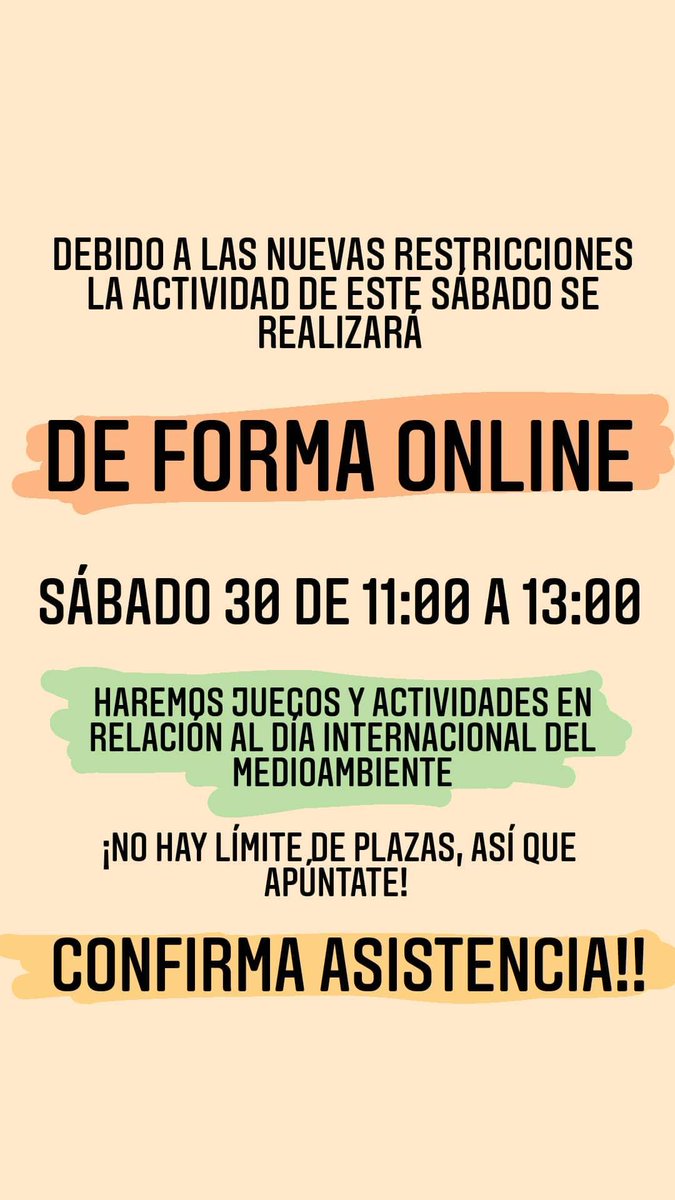 👥ACTIVIDAD ONLINE - SÁBADO 30

⌚De 11:00 a 13:00 

📲Confirma asistencia en asociaciontrasluz@gmail.com
 
‼️¡Sin límite de plazas!

#EducacionAmbiental #Juegos #Ocio