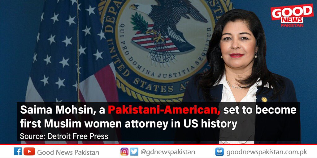 GdNewsPakistan's tweet photo. Saima Mohsin, a Pakistani-American, will become the first Muslim US attorney next week, when she replaces the current attorney in Detroit, Michigan
#GoodNewsPakistan https://t.co/KjDAZUg0zn