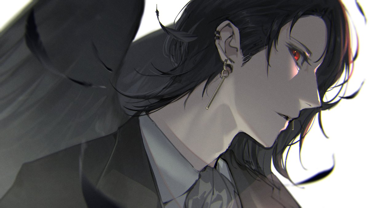 1boy wings male focus black hair jewelry solo red eyes  illustration images