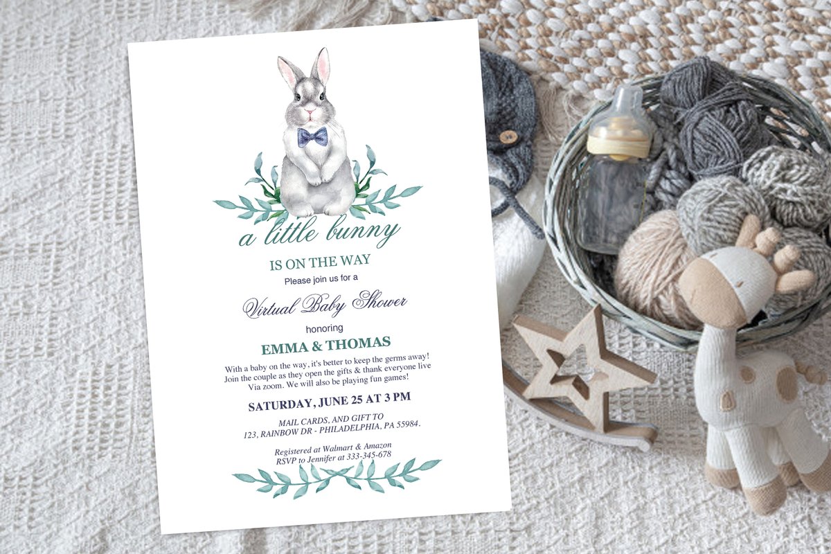 A little bunny is on the way! Bunny Baby Shower invitation for boys. Invitations for Girls and Twins coming soon - stay tuned!
#babyshower  #virtualbabyshower #babyshowerinvite #boybabyshower #bunny #alittlebunny #etsy #bunnybabyshower