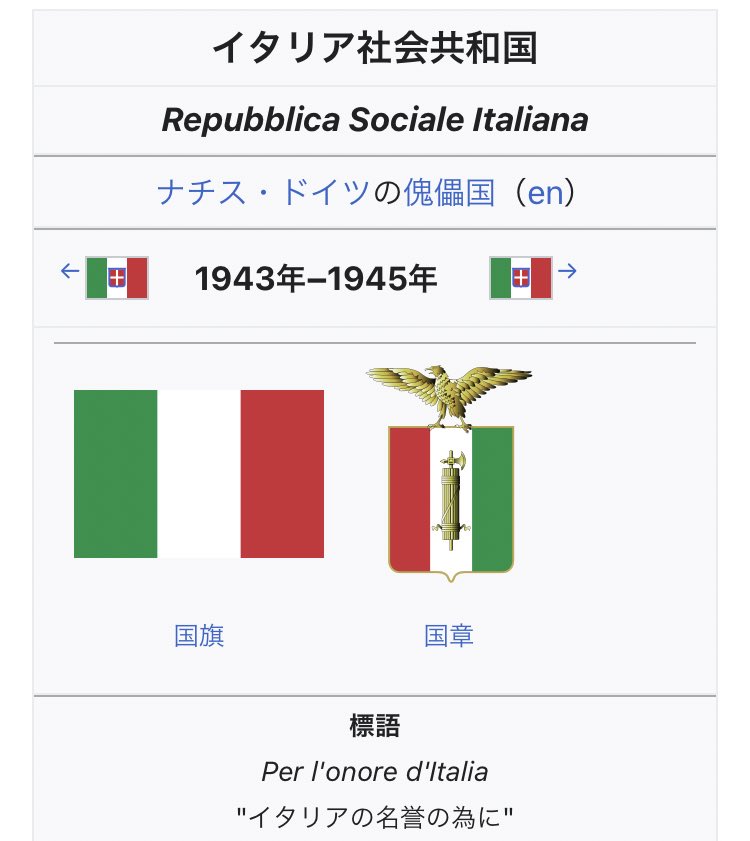Kedd イタリアの現在の国旗も第二次世界大戦中にファシストが作ったドイツの傀儡国家 イタリア社会共和国と一緒ですが 他の枢軸国で言えばルーマニアやハンガリー フィンランドもソ連を侵略しましたが当時と同じ旗を使ってますね T Co Azhnjcf0ul