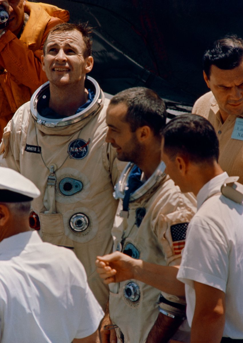 Two of the astronauts had flown on previous missions: Gus Grissom became the second American in space during Project Mercury, while Ed White was the first American spacewalker on  #Gemini 4. The third, Roger Chaffee, was a rookie who served as CapCom during White's pioneering EVA.